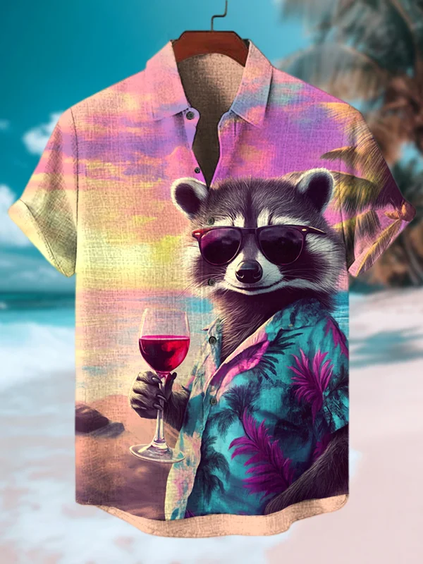 Men's Sunset Scenery Raccoon Drinks Red Wine Print Short Sleeve Shirt