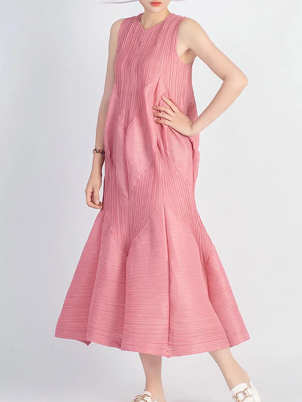 Casual Sleeveless Roomy Pleated Pure Color Round-Neck Midi Dresses