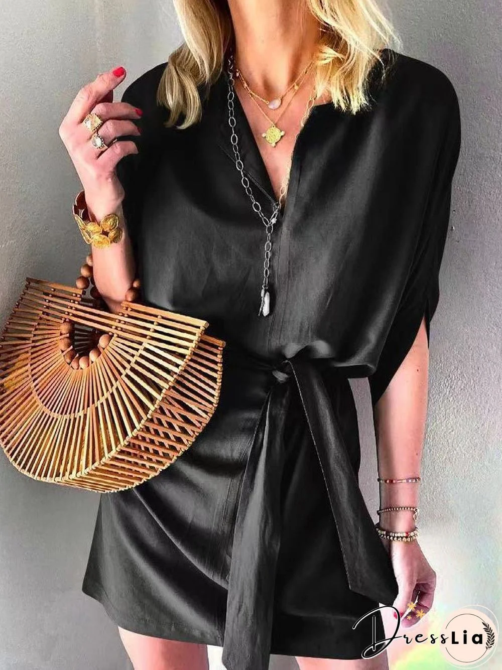 Women'S Dresses Casual Solid Tie Mid Sleeve Dress