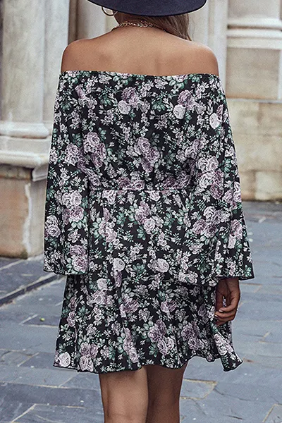 Elegant Floral Split Joint Frenulum Off the Shoulder Waist Skirt Dresses