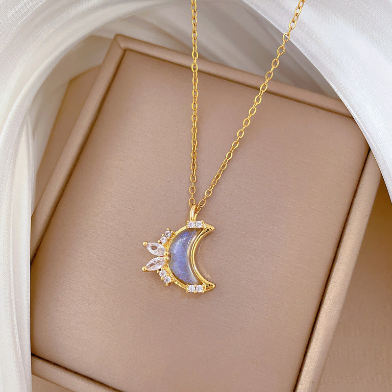 Colorful Moon Full Diamond Fashion Gorgeous Full Diamond Necklace Women’S All-Match Clavicle Chain Titanium Steel