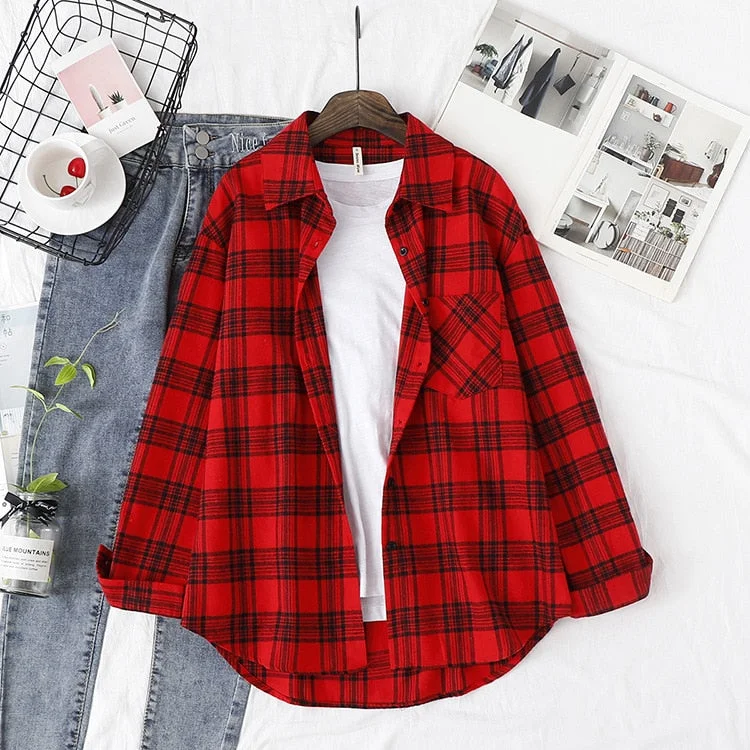 2021 New Loose Design Cotton Plaid Shirt Women Young Style Long Sleeve Blouses Casual Shirts Lady Tops Clothes Blusas