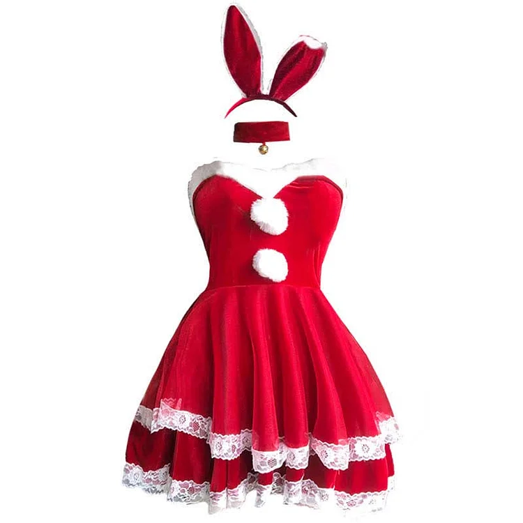 Christmas Cosplay Double Lace Fuzzy Ball Off The Shoulder Dress  - Modakawa Modakawa