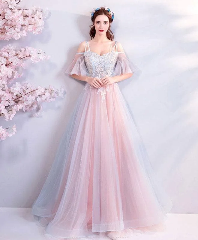 Pink Sweetheart Tulle Lace Applique Long Prom Dress, Pink Evening Dress