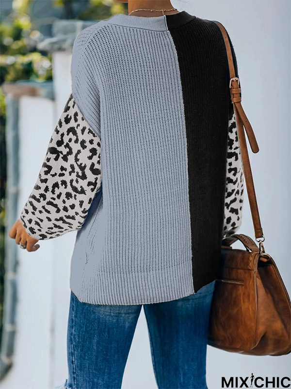 Leopard Color Block V Neck Casual Sweater