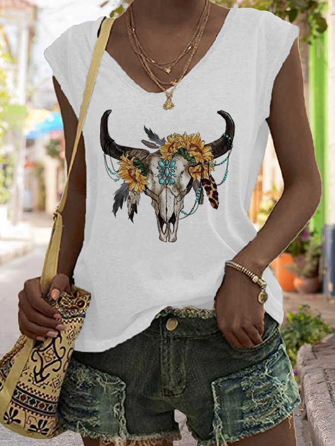 Vintage Western Print V-Neck Casual Tank Top