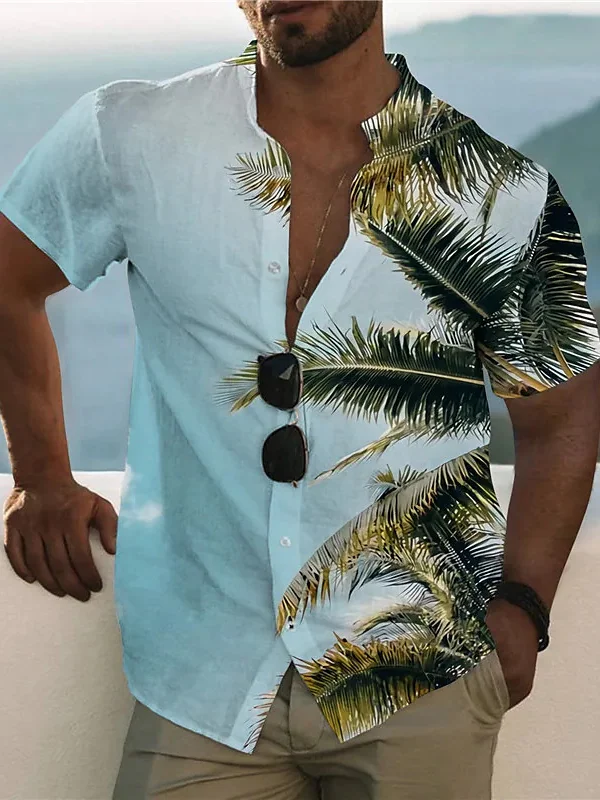 Men's Hawaiian Plant Printed Stand-up Collar Short Sleeve Shirt