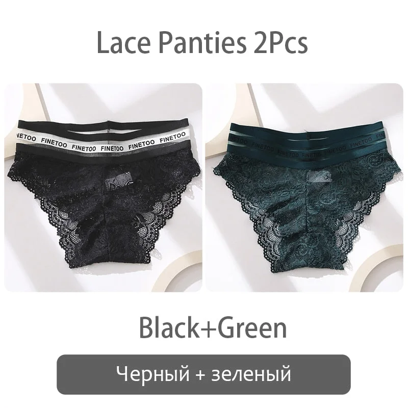 FINETOO 2Pcs Lace Panties Women Sexy Transparent Briefs Low Waist Floral Underwear Fashion Ladies Underpants L-2XL Girl Lingerie