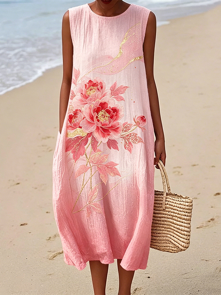 Classy Pink Peony Art Gradient Linen Tank Dress wearshes
