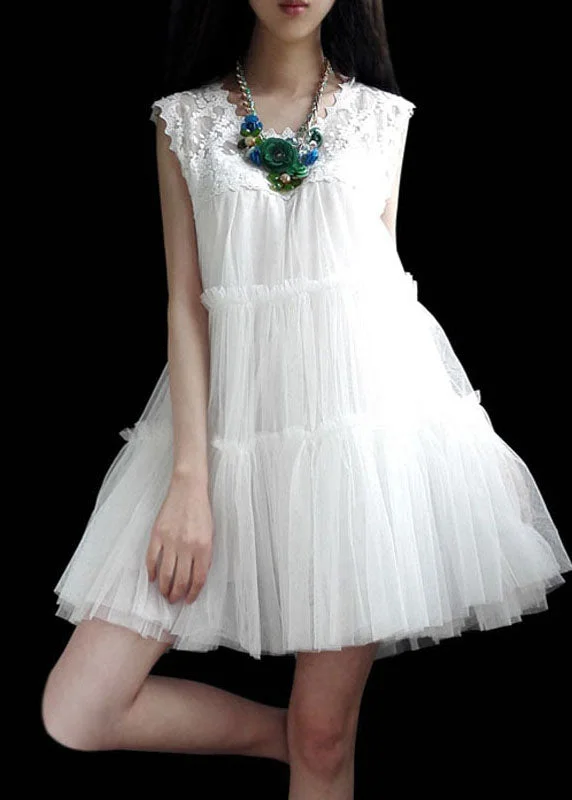 Classy White Lace Patchwork Ruffled Tulle Dresses Sleeveless