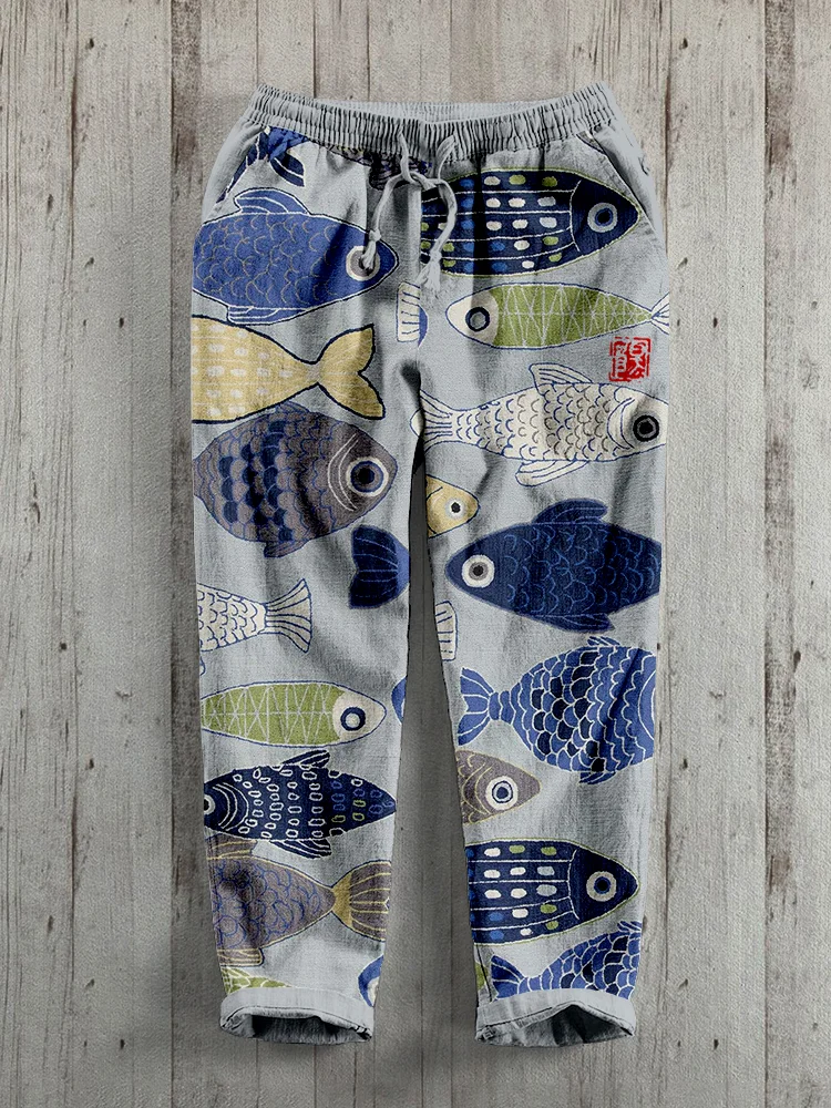 Vintage Fish Japanese Art Linen Blend Casual Pants