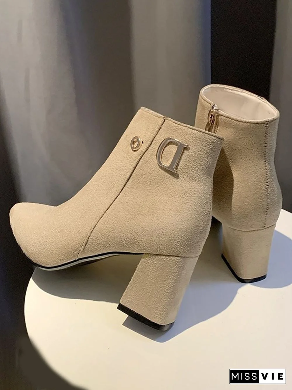 Side Zip Faux Suede Pointed Toe Chunky Heel Booties