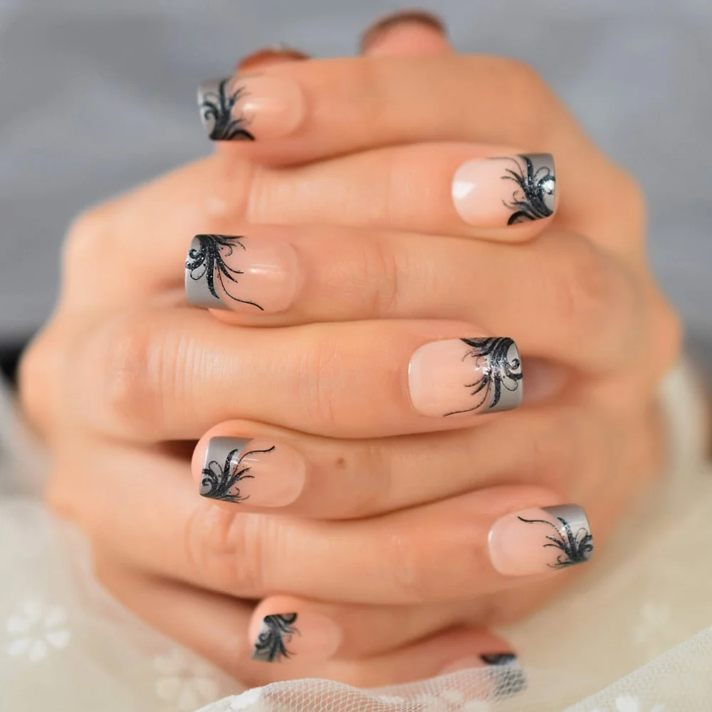 Iridescent White Instant French Nails Glitter Beveled Clear Short Square Fake Nail Art Tips Many Choice 24 Count-Nail Inspo