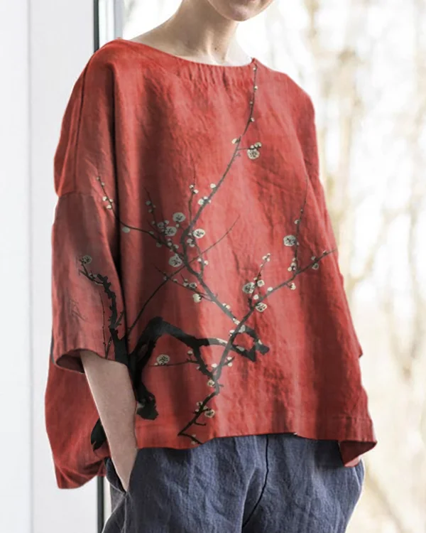 Retro Plum Blossom Art Print Round Neck Cotton and Linen Loose Top