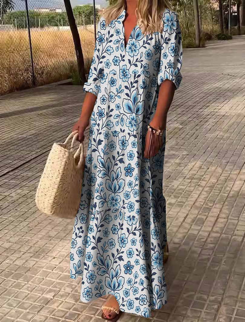 Women Floral,Blue,Black DZDN0267 SPU Printed Long Sleeve V-neck Maxi Dress