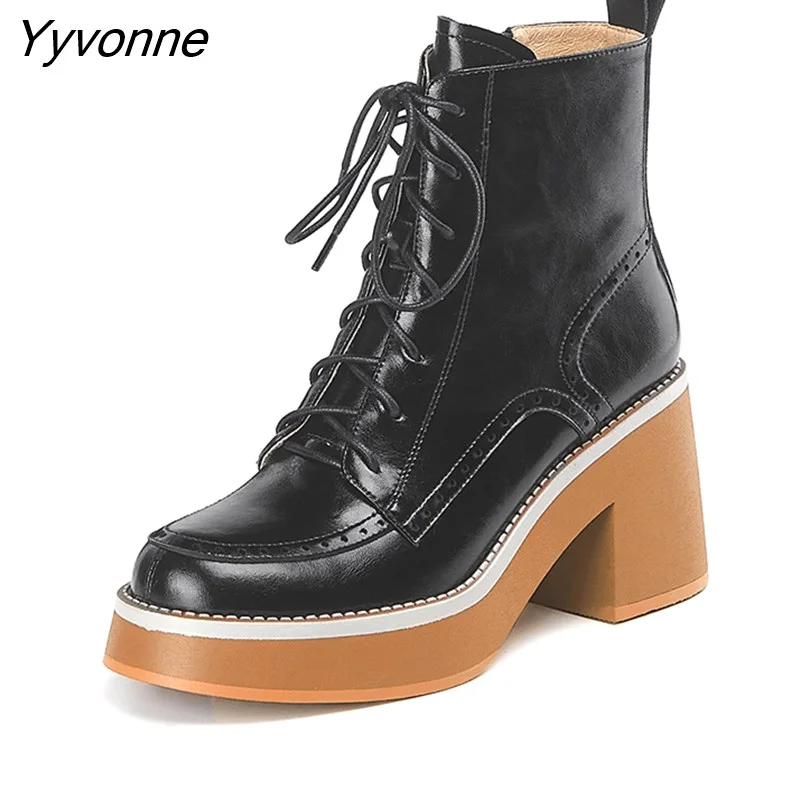 Yyvonne Boots Women Genuine Cow Leather Retro Beige Fashion Zipper Laces Lady Motorcycle Shoes High Heels Handmade Winter Shoes