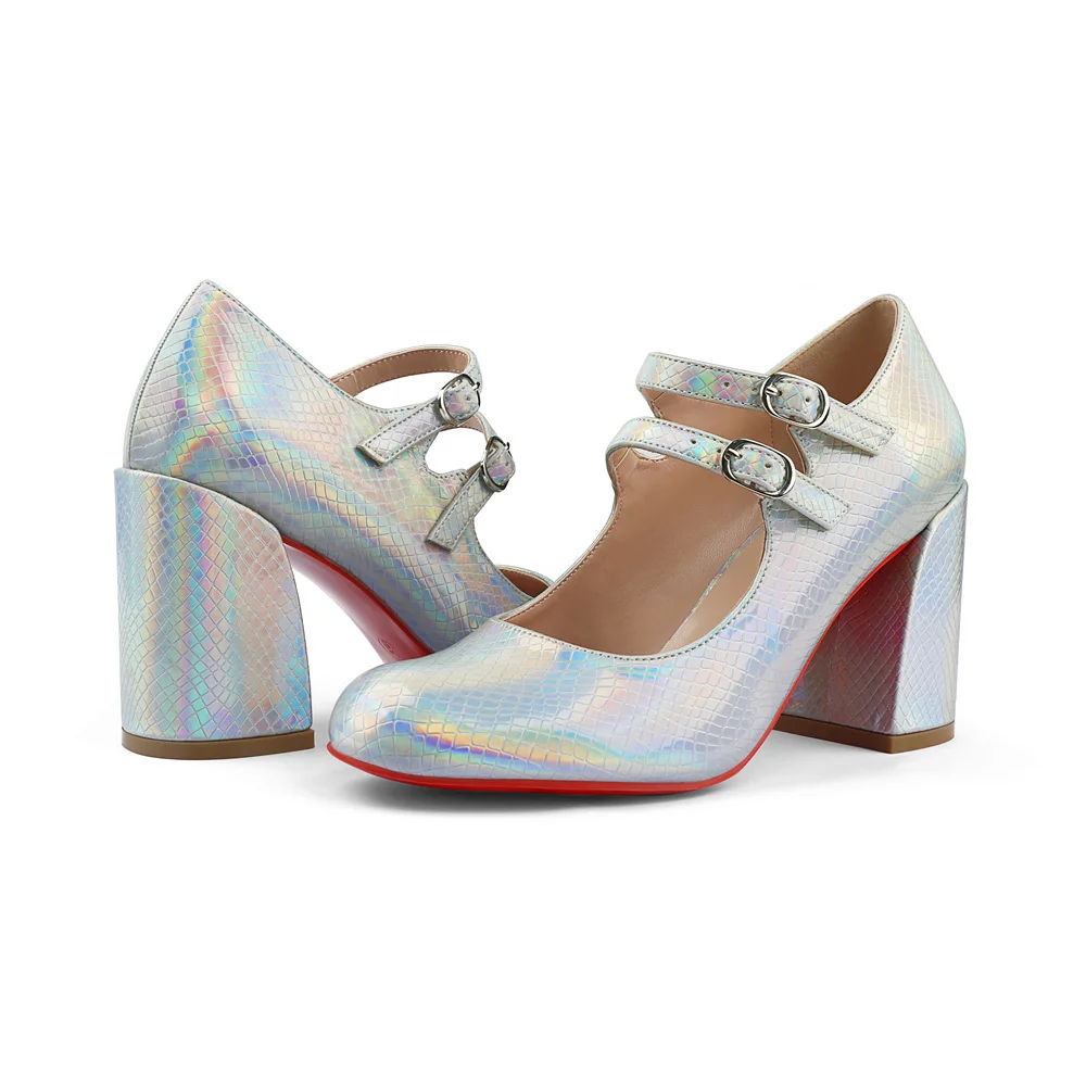 85mm Women's Chunky Heels Red Bottom Shoes Comfortable Miss Jane Block Heel Patent Pumps-MERUMOTE