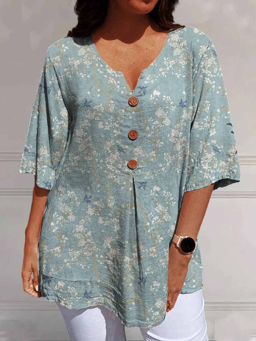 Women's Brighton Blue Print Casual Linen V-neck Shirt
