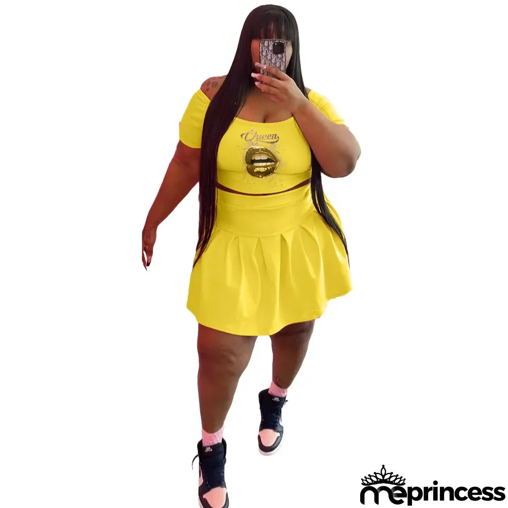 Fashion Plus Size Athleisure Pleated Skirt Two Piece Set