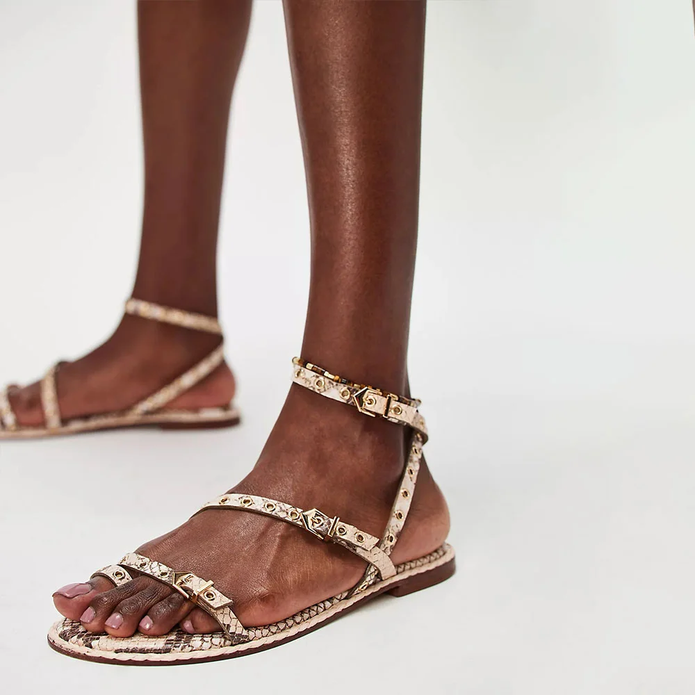 Beige Python Print Flat Buckled Grommet Strap Toe Ring Sandals