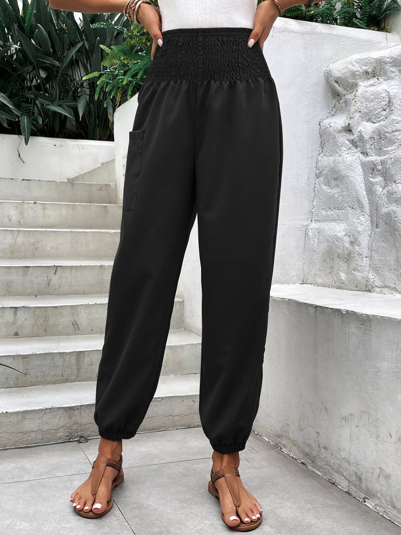 Women Clothing Elastic Waist High Waist Wide Leg Ankle Length Pants