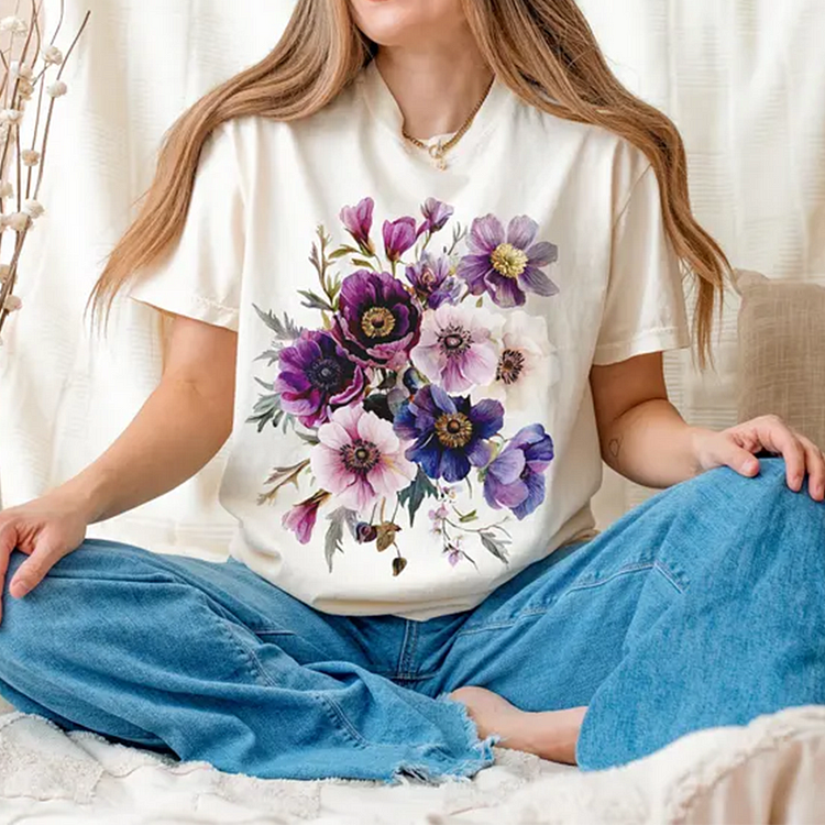 Vintage Botanical Purple Floral Art Short Sleeve Casual T-shirt