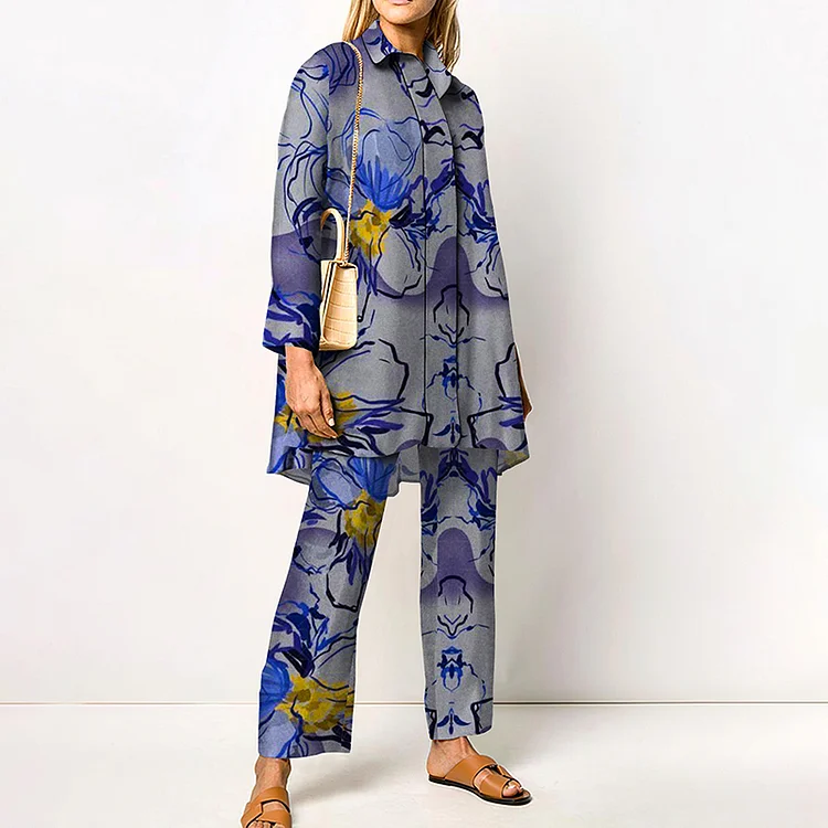 Lapel Blue Textured Floral Shirt Two-Piece Set