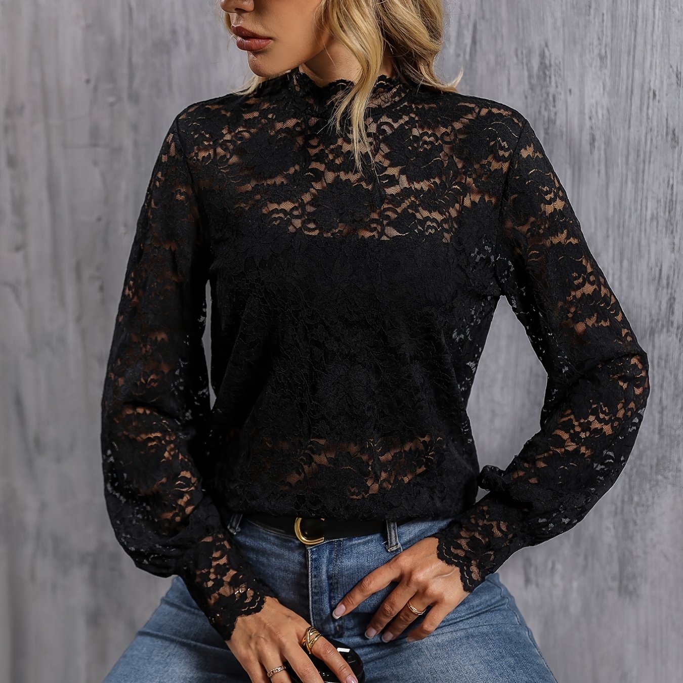 Lace Solid Blouse, Stand Collar Long Sleeve Casual Every Day Top For Fall, Women's Clothing