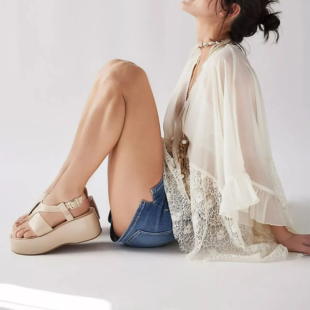 Beige Ankle Strap Flip Flop Plaform Wedge High Heel Women Sandals