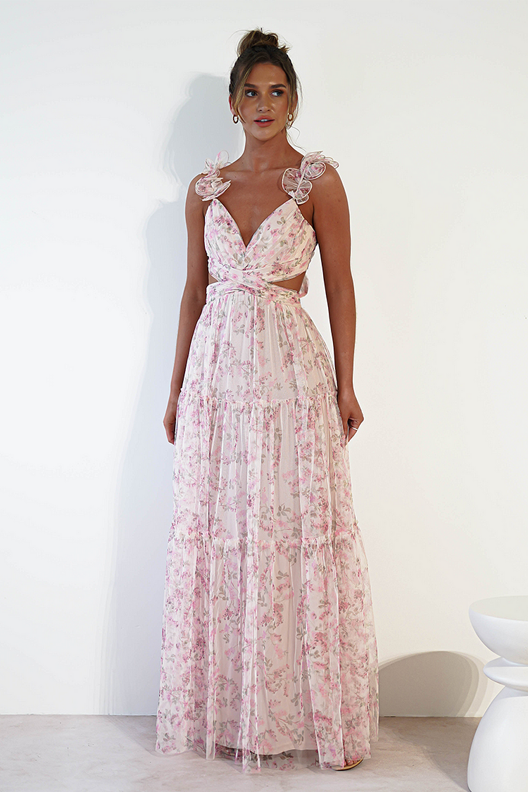Ditsy Floral Print Frill Straps Backless Tulle Gowns Maxi Dresses-Pink [Pre Order]