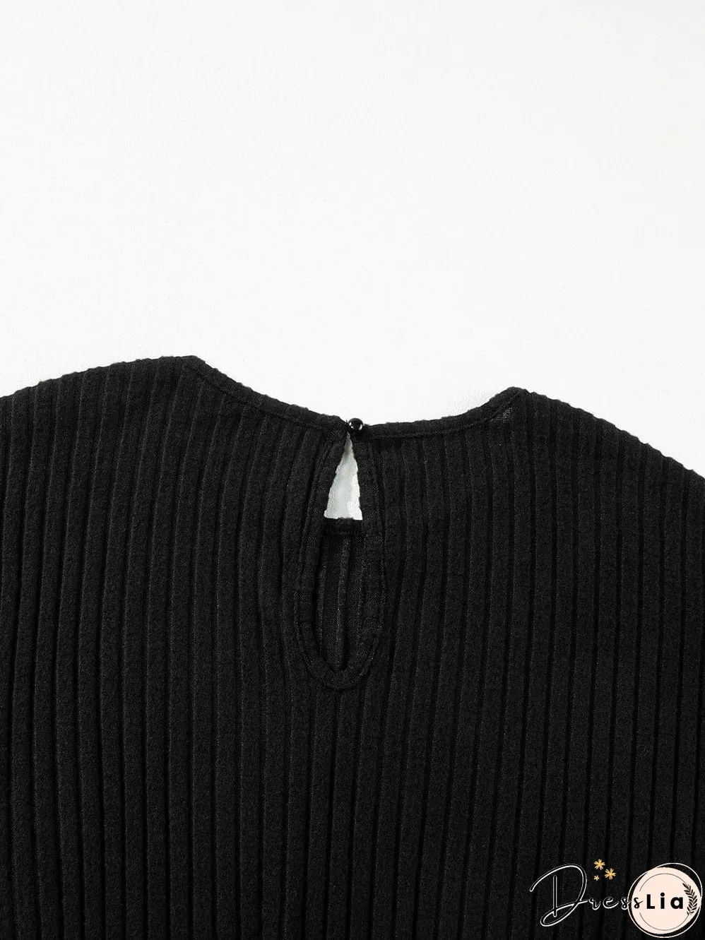 Chic Black Ribbed Wide Leg Jumpsuit with Short Sleeves