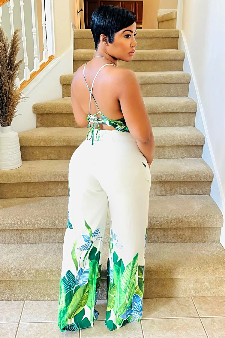 Back Cross Cami Top Pants Floral Print Vacation 2pcs Set-White