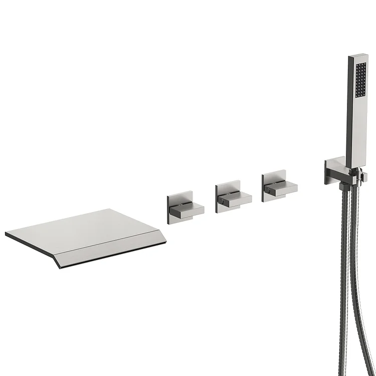 EVERSTEIN Three Handle Waterfall Bathtub Faucet in Brushed Nickel, 6.25" Spout Reach