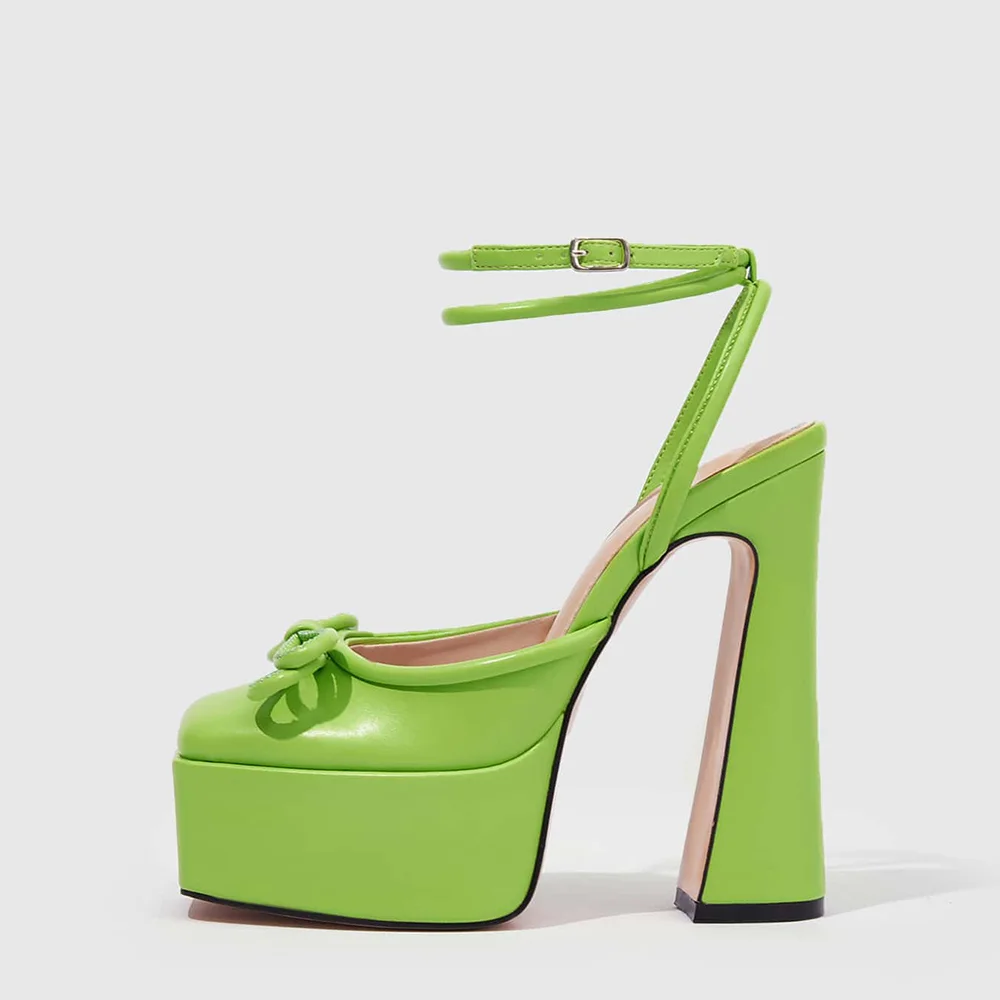 Full Green  Closed Square Toe Platform Pumps With Bow Decorated Ankle Strap Slingback Chunky Heels Nicepairs