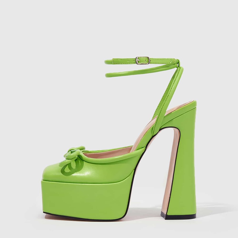 Full Green Leather Closed Square Toe Platform Pumps With Bow Decorated Ankle Strap Slingback Chunky Heels  Nicepairs