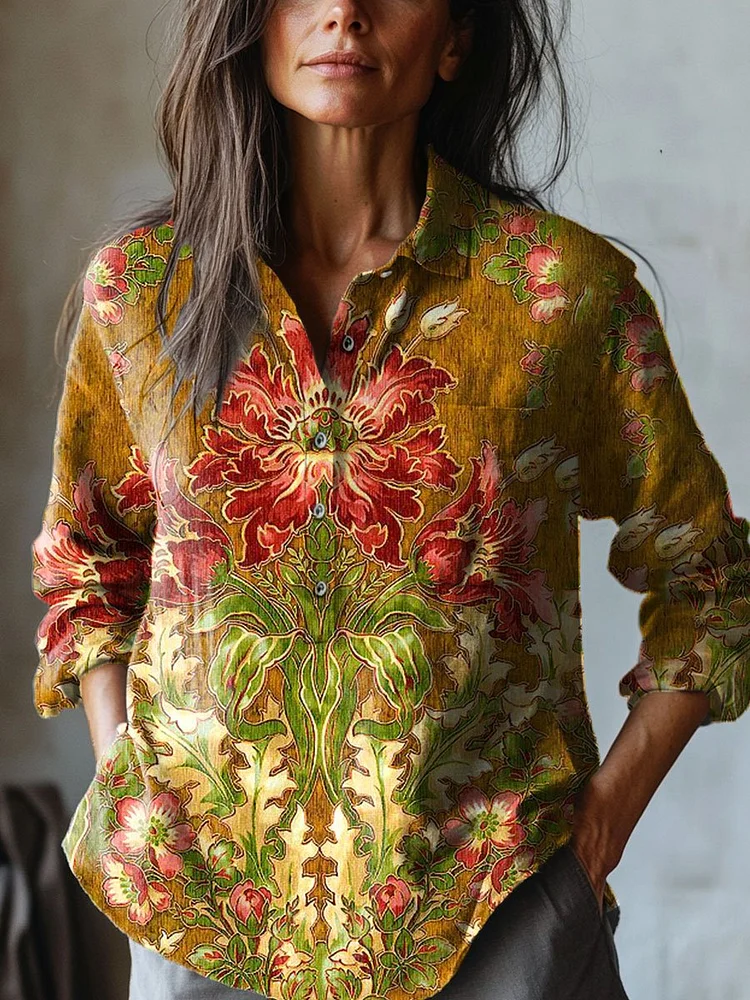 Women's  Flowers Art Print  Casual Cotton And Linen Shirt