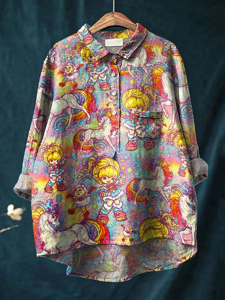 Vintage 1980 Rainbow Girl Cartoon Pattern Art Print Casual Cotton And Linen Shirt