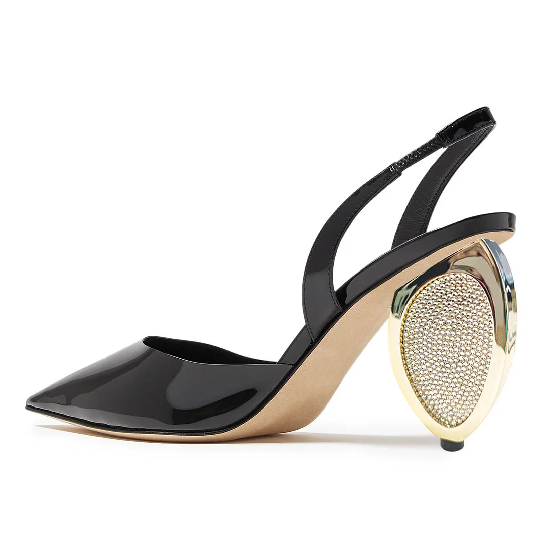 Patent Leather Decorative Heel Pointed Toe Slingback Pumps in Black