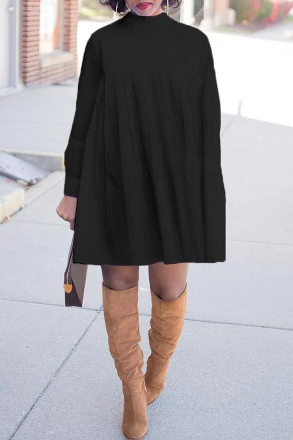 Solid Color Long-Sleeve Pleated Dress