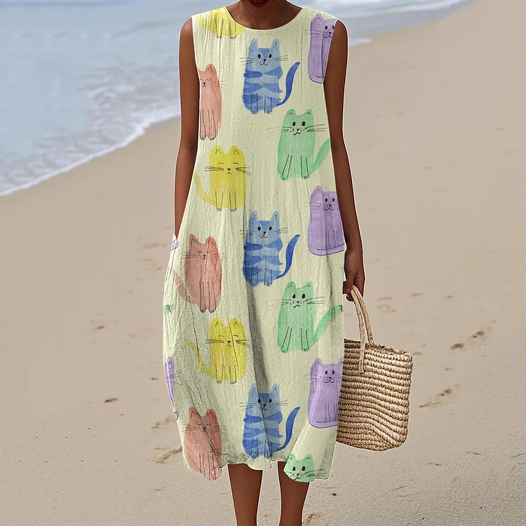 Vintage Watercolor Cat Art Linen Midi Dress