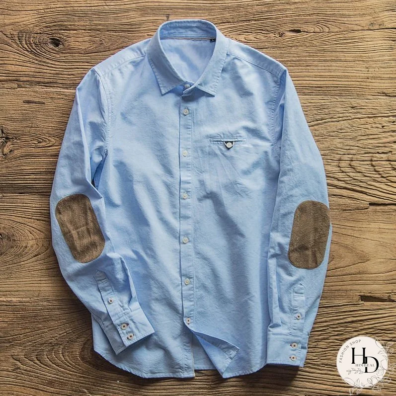 Elbow Patch Long Sleeve Shirt Men's Lapel Retro