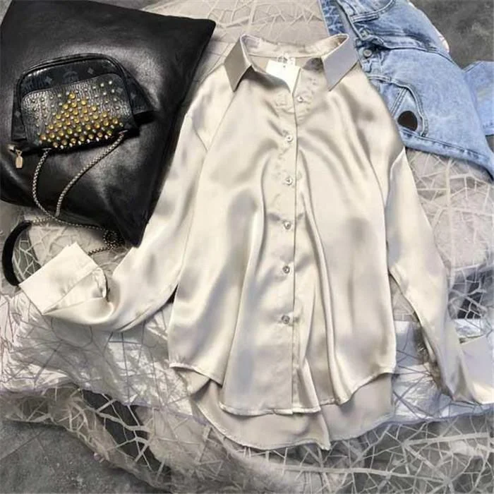 New Spring Autumn Women Fashion Long Sleeves Satin Blouse Vintage Femme Oversized Street Shirts Elegant Imitation Silk Blouse