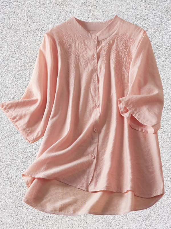 Women's Summer Cotton Linen Embroidery Shirt Top Crew Neck Mid Sleeve Single Breasted Shirt Blouse