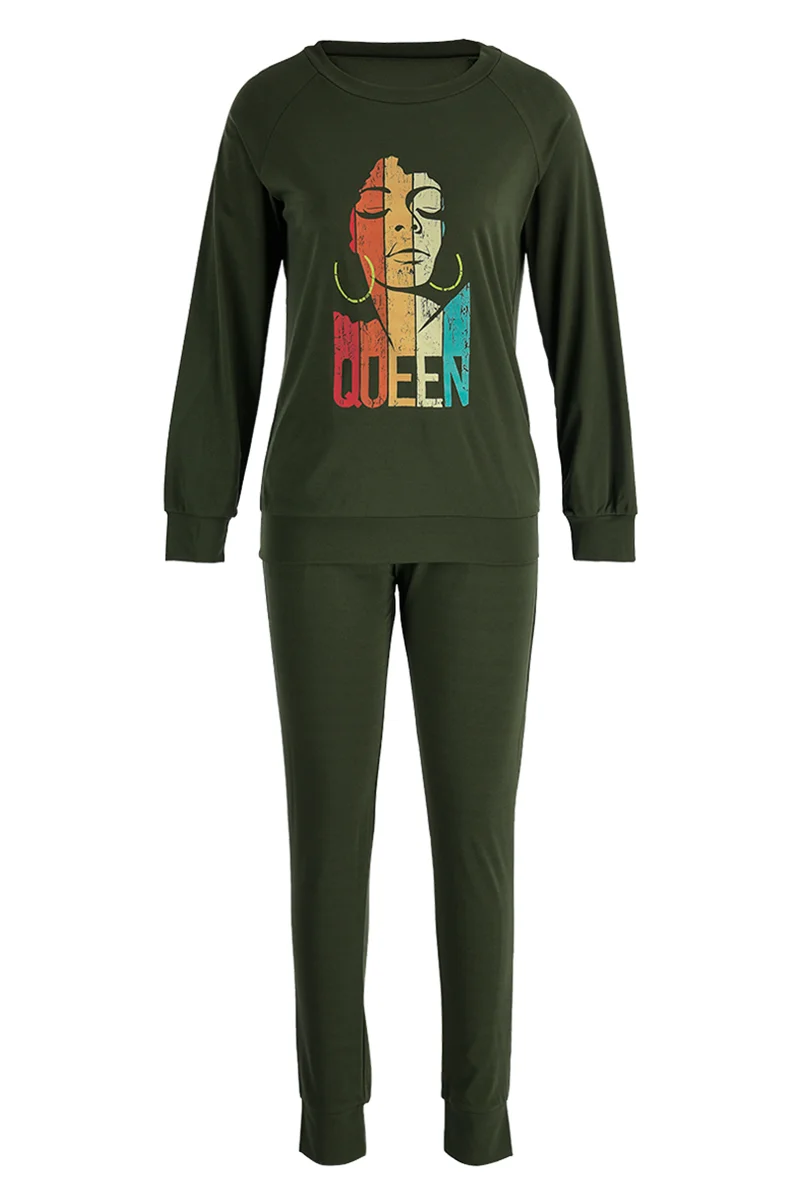 Rose Red Fashion Casual Print Patchwork O Neck Long Sleeve Two Pieces