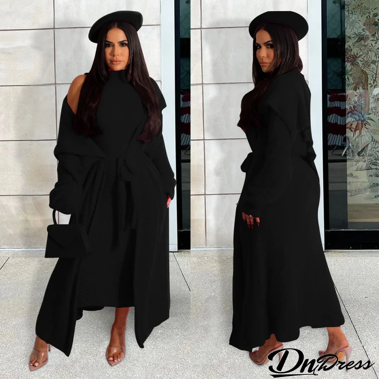 Autumn And Winter Women Fashion Solid Color Plush Dress Long Coat Lace-Up Two-Piece Set