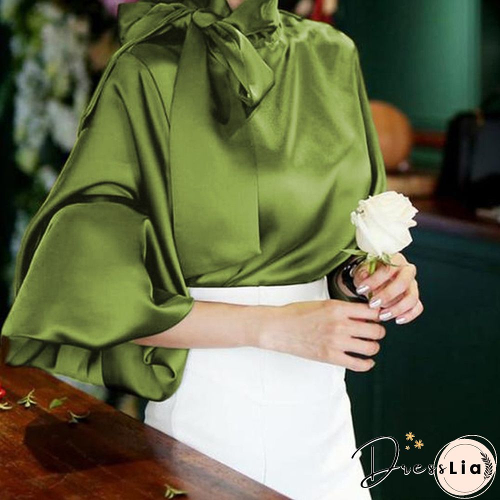Fashion Elegant Women Blouse Casual High Collar Lantern Sleeve Blusas Bow Tops OL Office Lady Shirt Plus Size