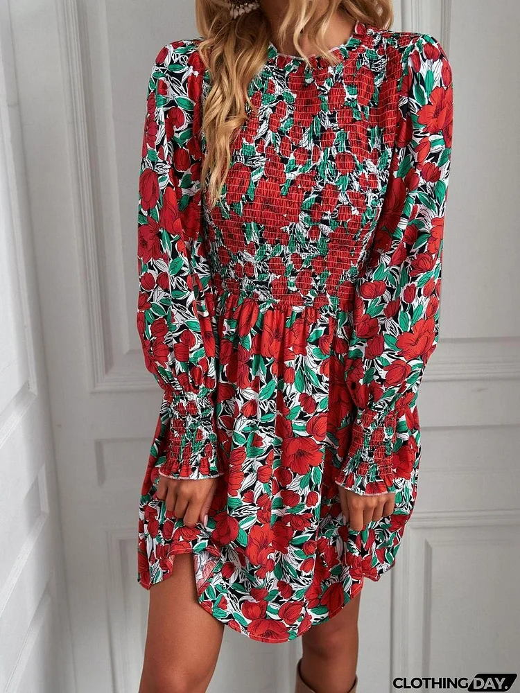 Printed Puff Sleeve Smocked Dress