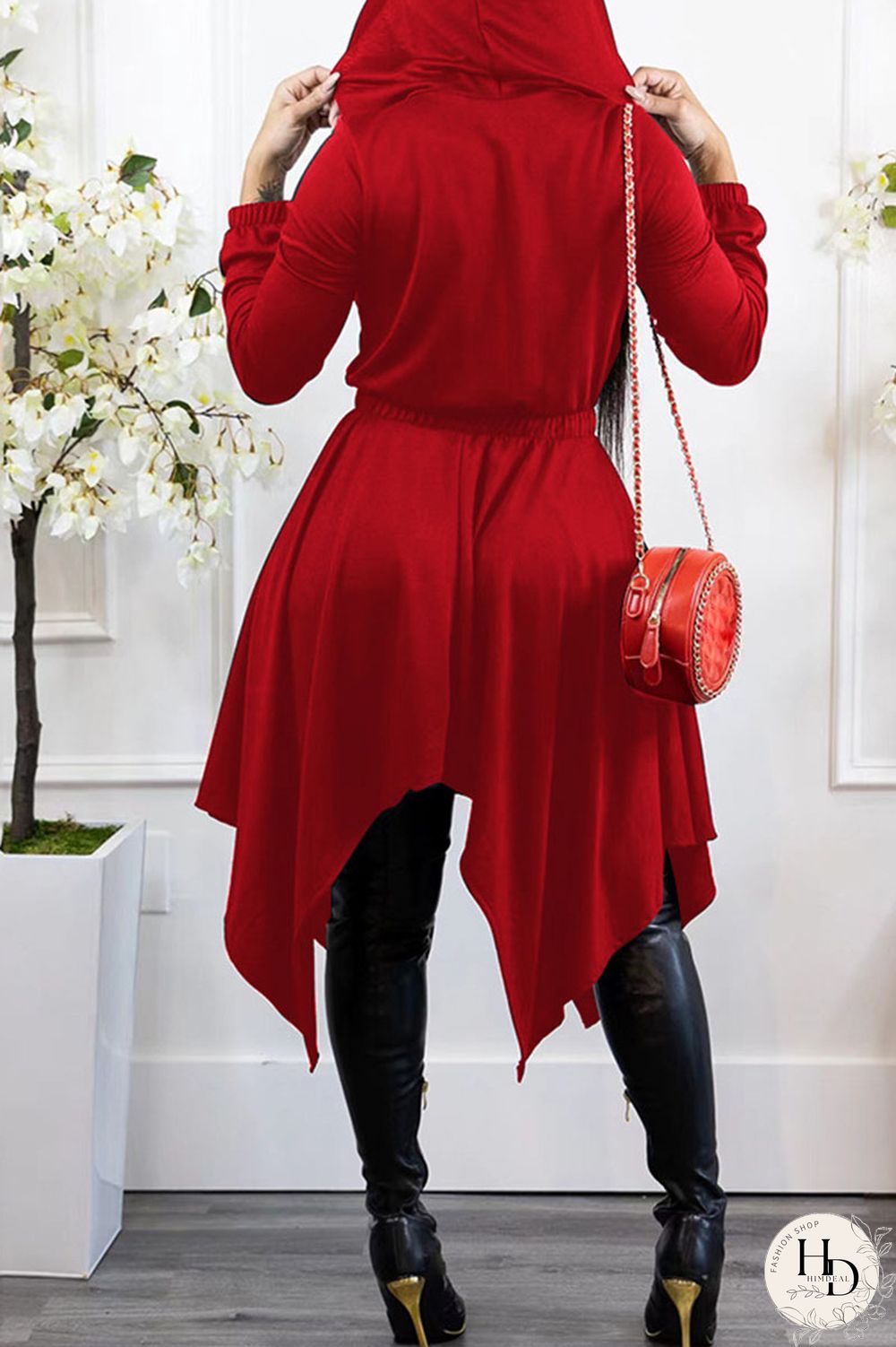 Black Casual Solid Split Joint Asymmetrical Zipper Hooded Collar Irregular Dress Dresses