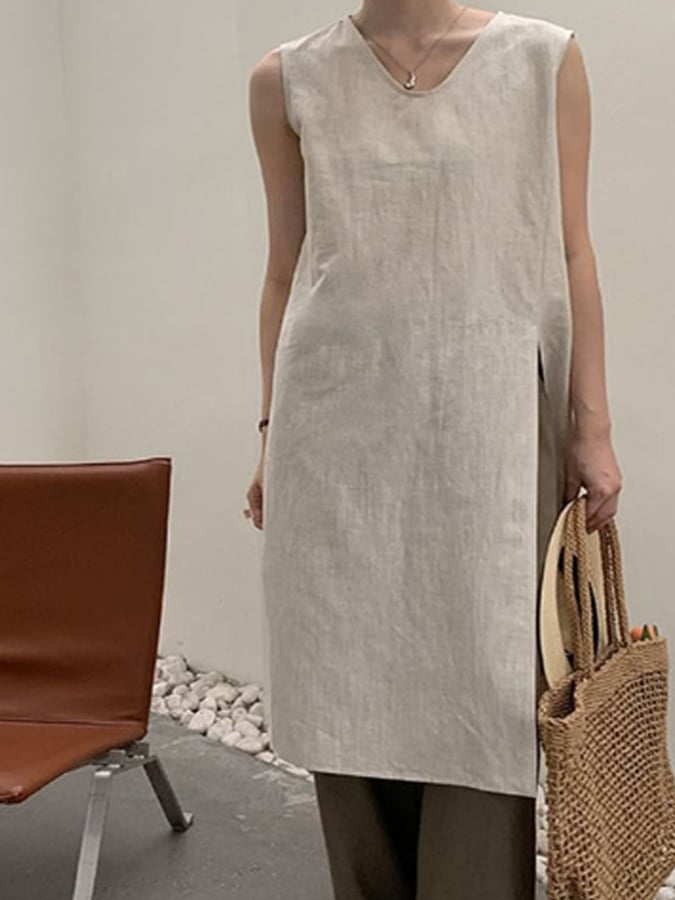 Summer Split Dress, Sleeveless Simple V -Neck Vector Skirt Over Knee -Knee Shirt Female Cotton And Linen Dress
