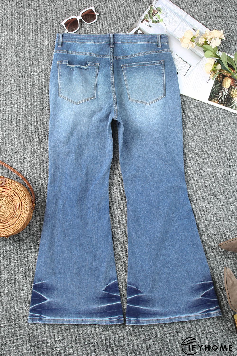 Sky Blue Plus Size Distressed Flare Jeans | IFYHOME